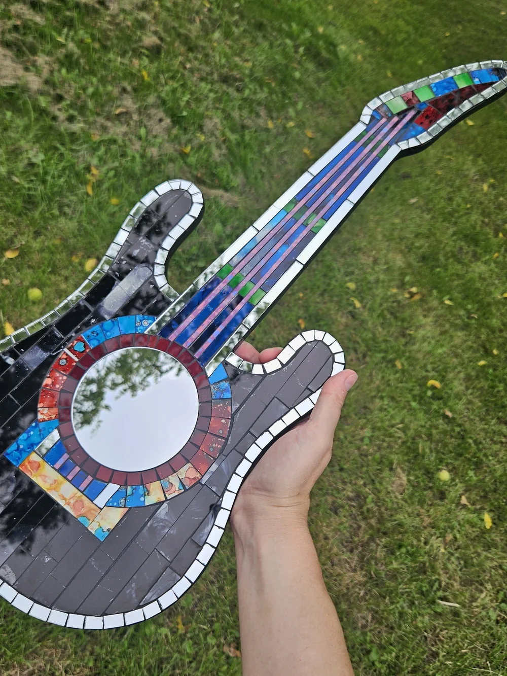Handcrafted Mosaic Guitar Wall Mirror - Black with Multicolor Accents